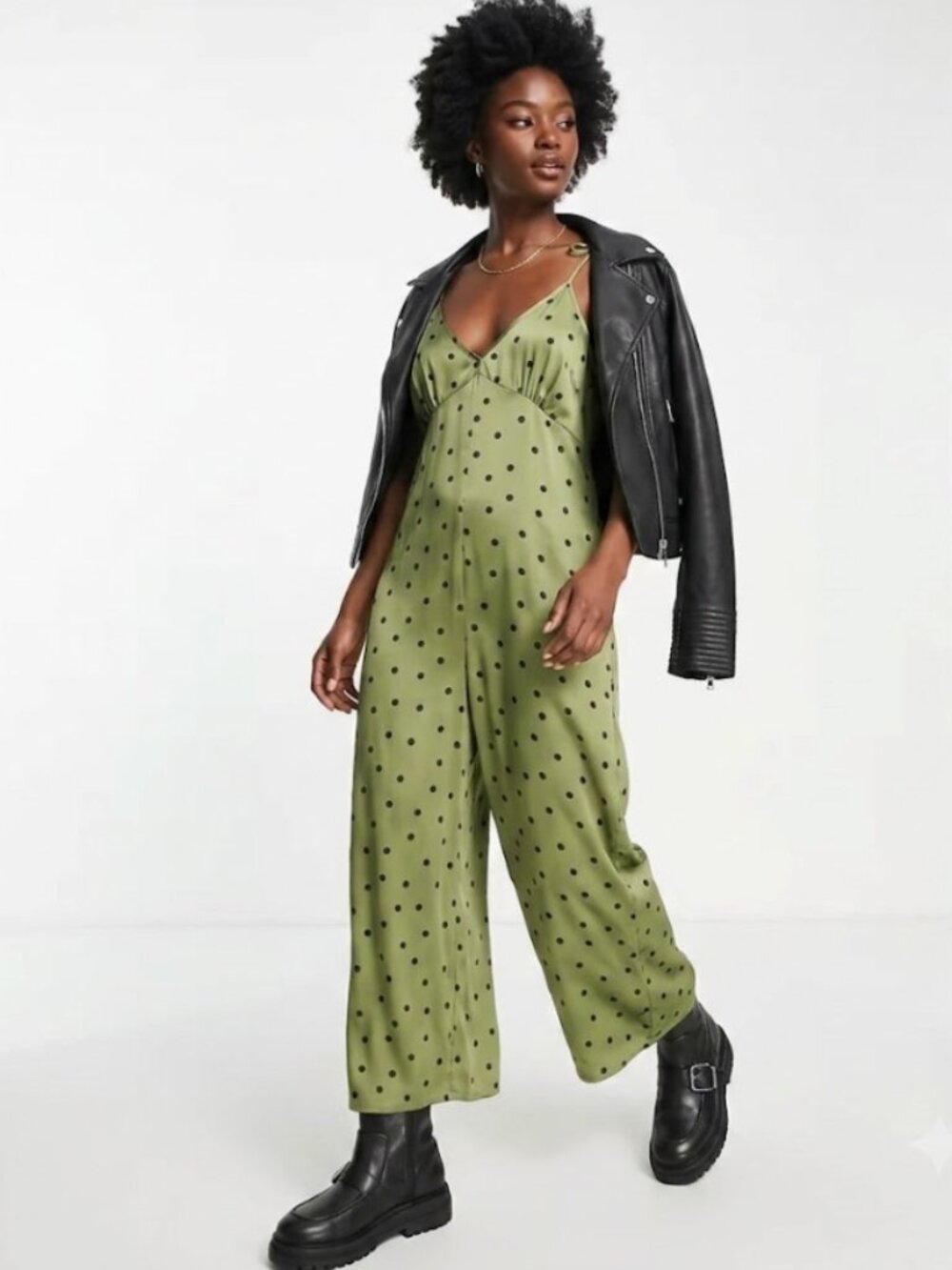 ASOS | 90s Green Black Satin Tie Shoulder Jumpsuit in Khaki Dot | Size	4